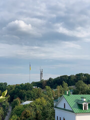 Obraz premium Beautiful religious buildings in the courtyard of the Kiev-Pechersk Lavra, Kyiv, Ukraine. Religion concept 