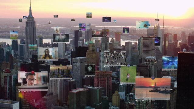 Futuristic City Connected to Social Media Interfaces. High Tech Vision Of Manhattan. Augmented Reality. Aerial View of New York, United States.
