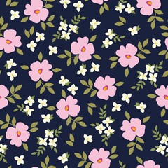 Simple vintage pattern. Pink and white flowers, green leaves. Dark blue background. Fashionable print for textiles and wallpaper.