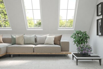 Minimalist living room in white color with sofa and summer landscape in window. Scandinavian interior design. 3D illustration