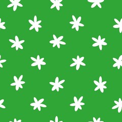 Simple vintage pattern. Cute white flowers. Bright green background. Fashionable print for textiles and wallpaper.