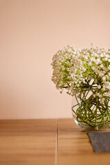 Bouquet of gypsophila in a glass aquarium. 
Baby's breath (gypsophila)
Bouquet of flowers in a glass vase. Bouquet on the table