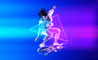 Fototapeta na wymiar Skateboarder doing trick on neon background
