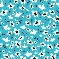 Simple vintage pattern. White flowers, black leaves. Bright blue background. Fashionable print for textiles and wallpaper.