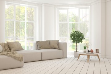 White living room with sofa and summer landscape in window. Scandinavian interior design. 3D illustration