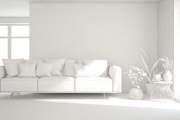 Fototapeta na wymiar White minimalist living room with sofa. Scandinavian interior design. 3D illustration