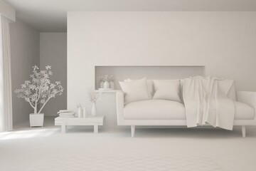 Mock up of minimalist living room in white color with sofa. Scandinavian interior design. 3D illustration