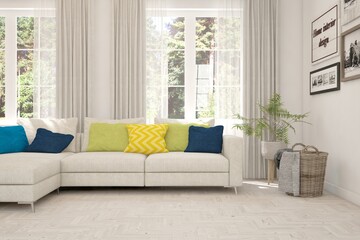 Minimalist living room in white color with sofa and summer landscape in window. Scandinavian interior design. 3D illustration