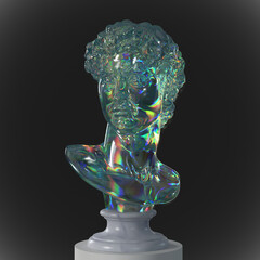 Concept illustration 3D rendering of classical head sculpture bust made of crystal glass on a marble pedestal isolated on dark grey background.