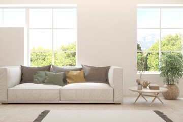 White living room with sofa and summer landscape in window. Scandinavian interior design. 3D illustration