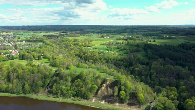 Drone footage video of Punia mound on the bank of river Nemunas in Lithuania