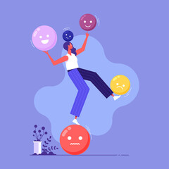 Fototapeta premium Emotional balance vector concept, female cartoon character standing balancing on emotional icon illustration, Potential, motivation and aspiration, mental health