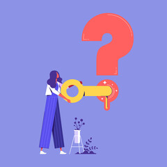 Woman with a key opens a keyhole at a question mark, question and solution concept