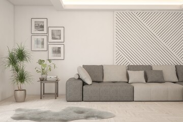 White living room with grey sofa. Scandinavian interior design. 3D illustration