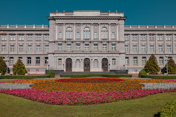 Frontal view of facade or entrance to Mimara museum in Zagreb on