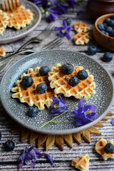 Close up of delicious waffles with blueberries on a ceramic plate