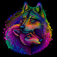 Wolves. Abstract, neon, color portrait of a pair of wolves on a black background in pop art style with splashes of watercolor. Digital vector graphics.