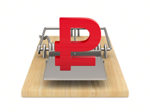 mousetrap and symbol russian ruble on white background. Isolated 3D illustration