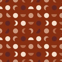 Fototapeta na wymiar Geometric abstract seamless pattern in dark brown and terracotta colors with beige moons, crescents, circles and semicircles