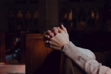 Close up prayer's hand pray in church, Pastor pray to God with BIBLE, top view with blank copy space
