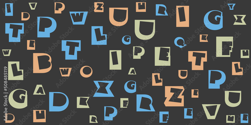 Wall mural various dark colorful randomly placed and sized retro art deco style letters pattern - texture, wide