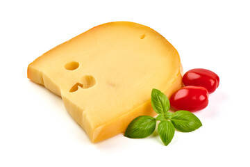 Hard Dutch gouda cheese, isolated on white background.