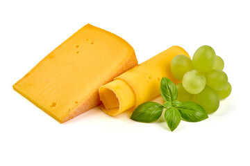 Semi-hard cheese with saffron, close-up, isolated on white background.