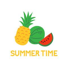 Vector illustration with exotic tropical fruits. Pineapple. watermelon and lettering summer time on isolated background.