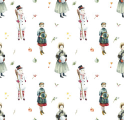Christmas children. Victorian style. New Year cards. Watercolor hand drawn illustration. Seamless pattern.