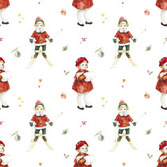 Christmas children. Victorian style. New Year cards. Watercolor hand drawn illustration. Seamless pattern.