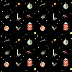 Watercolor seamless pattern of christmas elements in red-green colors. Hand drawn illustration. 