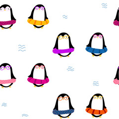 Obraz premium Cute white pattern with penguins relax on the sea, swim in the pool. Pets seamless background. Textiles for children, Digital paper scrapbook.