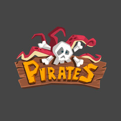 Pirate game logo. Cartoon skull with kraken. Mobile videogame emblem. Funny corsair sign. Gamers clipart. 3d wooden logotype