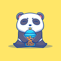 cute illustration of a panda holding a boba drink mascot style