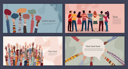 Diversity inclusion and equality concept.Group of people embraced viewed from behind. Raised hands. Hands holding speech bubble.Editable set brochure template flyer cover poster web page - obrazy, fototapety, plakaty