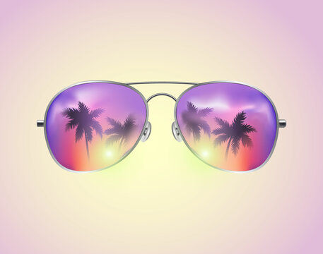 Aviator Sunglasses with Palms Reflection Vector illustration Background. Pink sunset