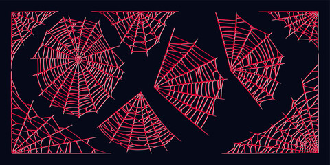 Spider web set isolated on dark background. Spooky Halloween red cobwebs. Outline vector illustration