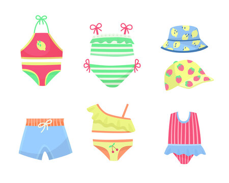 Swimsuits for children vector illustrations set. Collection of cartoon drawings of swimming clothes or swimwear for babies or kids isolated on white background. Summer, fashion, childhood concept