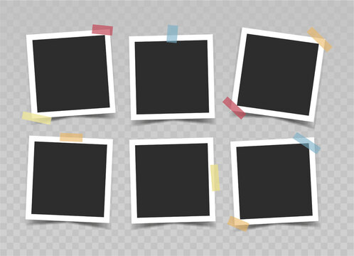 Black photo frames with color sticky tape on transparent background. Vector realistic mockup. Six empty square photo cards with white border. Blank Template for collages and design. EPS10.