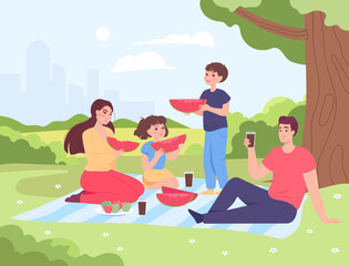 Cartoon mother, father and children having picnic on lawn. Happy mom, dad, boy and girl eating watermelon in park together flat vector illustration. Family, vacation concept for banner, website design