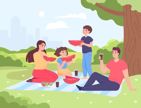 Cartoon mother, father and children having picnic on lawn. Happy mom, dad, boy and girl eating watermelon in park together flat vector illustration. Family, vacation concept for banner, website design
