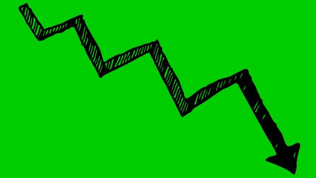 Animated black arrow. Recession chart of economy. Economic crisis, recession, decrease graph. Profit down. Hand drawn vector illustration isolated on green background.