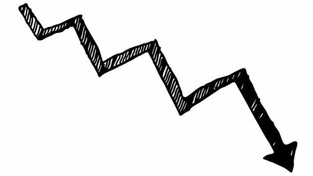 Animated black arrow. Recession chart of economy. Economic crisis, recession, decrease graph. Profit down. Hand drawn vector illustration isolated on white background.