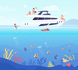 Cartoon friends in swimsuits relaxing and sunbathing on yacht. Happy people having party at sea flat vector illustration. Summer, vacation concept for banner, website design or landing web page