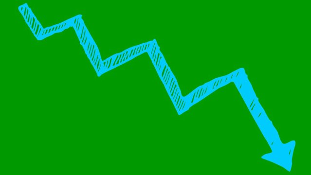 Animated blue arrow. Recession chart of economy. Economic crisis, recession, decrease graph. Profit down. Hand drawn vector illustration isolated on green background.
