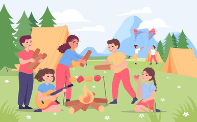 Obraz na płótnie Canvas Cute children at summer camp in mountains. Happy boys and girls making friends, bringing wood for campfire flat vector illustration. Environment, leisure, camping concept for banner or landing page