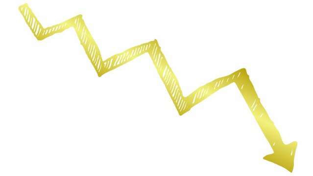 Animated gold arrow. Recession chart of economy. Economic crisis, recession, decrease graph. Profit down. Hand drawn vector illustration isolated on white background.