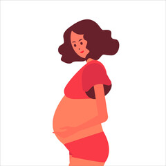 Cute pregnant woman with long hair on a background of blue leaves. The concept of pregnancy, motherhood, family. Flat design with copy space. Happy mum. Pregnant belly side view. Stock vector illustra