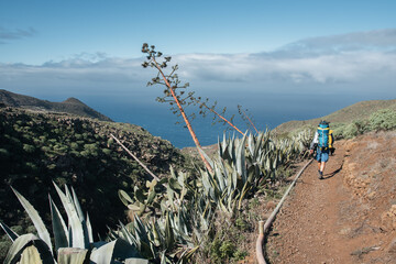A young tourist on the volcano trekking trail at the Llano de Ucanca viewpoint in the Teide Natural...
