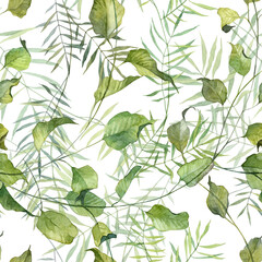 Square seamless pattern with hand painted watercolor green leaves on branches. Botanical loopable wallpapers for decorating fabric and backgrounds.
